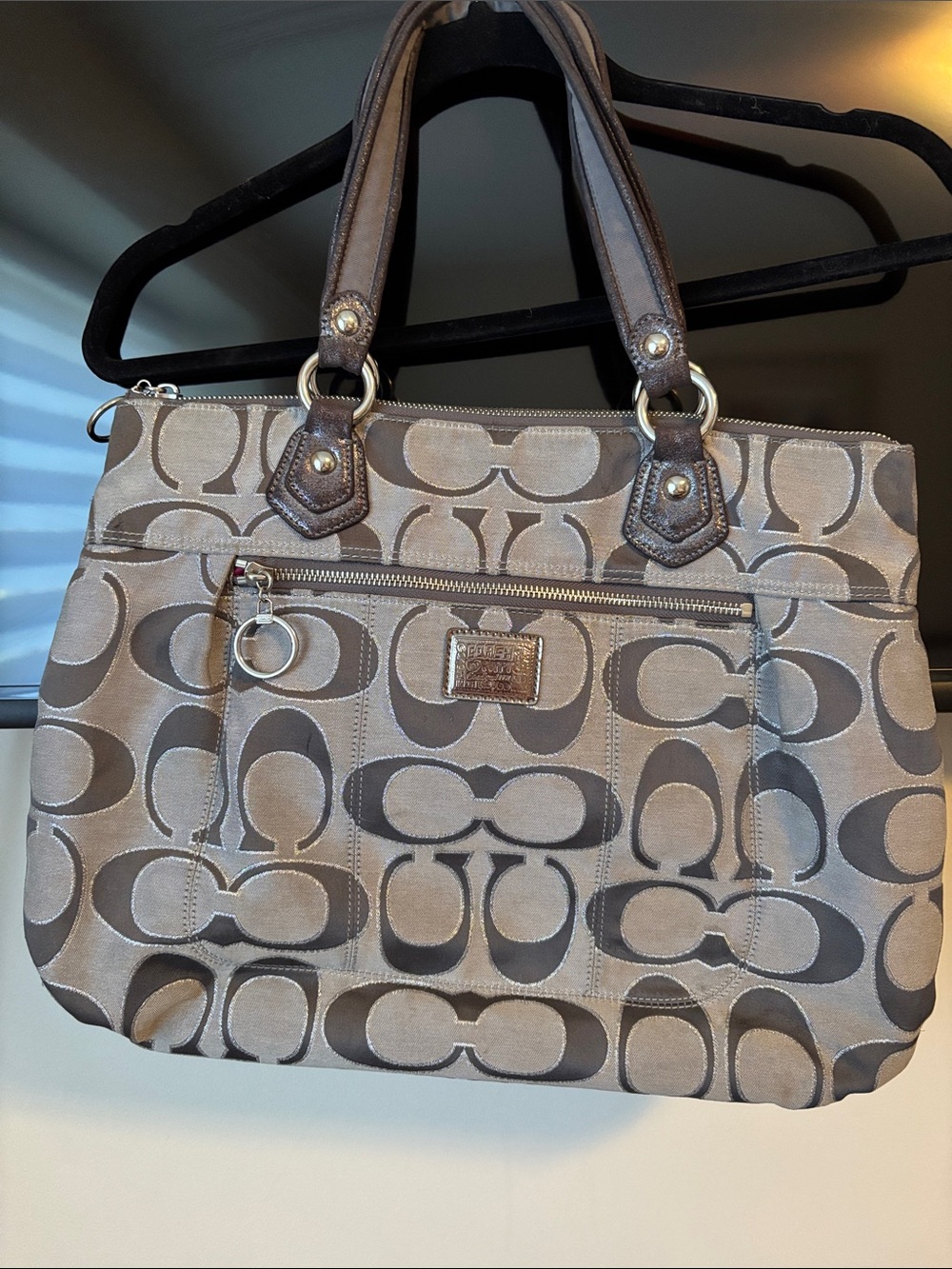 Coach Poppy Grey and Silver Signature Tote with Front Zip Pocket